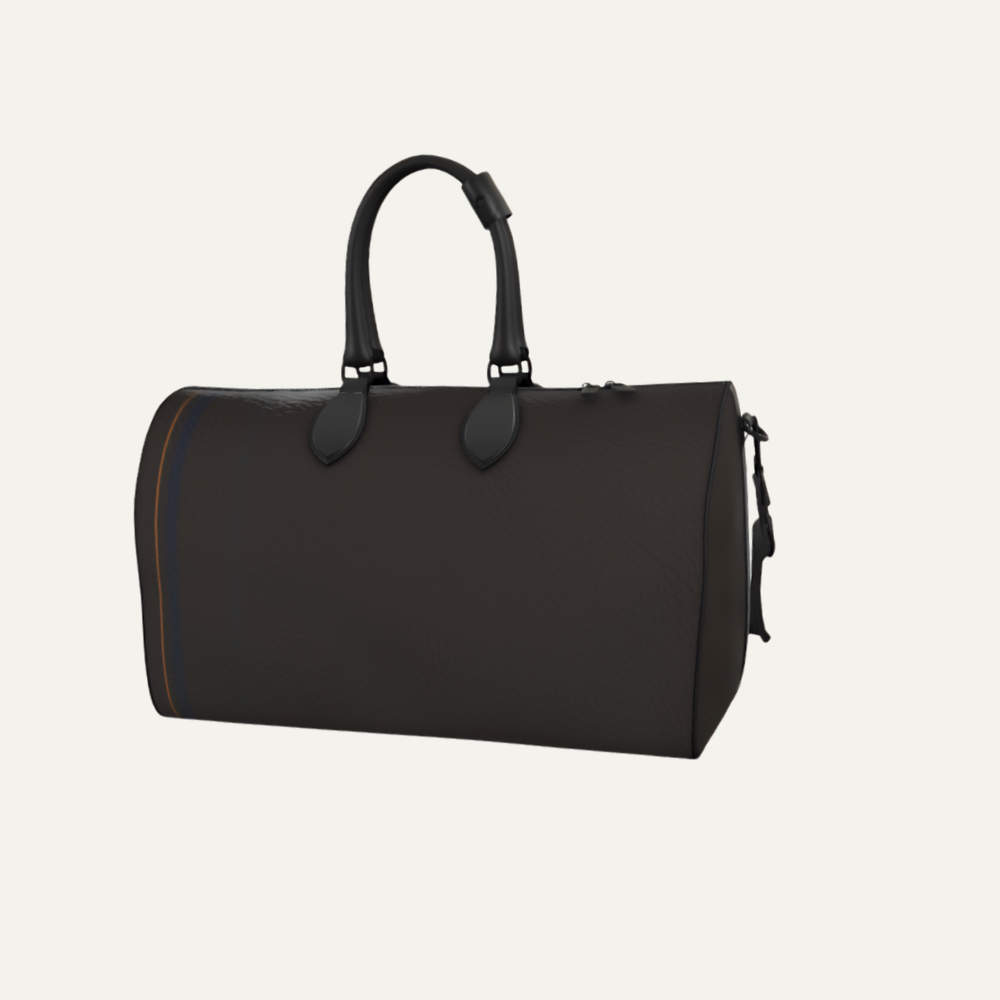 Teddie London bespoke Bitter Oak dark brown textured Nappa leather travel duffle bag featuring the asymmetrical Bitter Oak Triad stripe and graphite hardware
