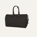 Teddie London bespoke Bitter Oak dark brown textured Nappa leather travel duffle bag featuring the asymmetrical Bitter Oak Triad stripe and graphite hardware