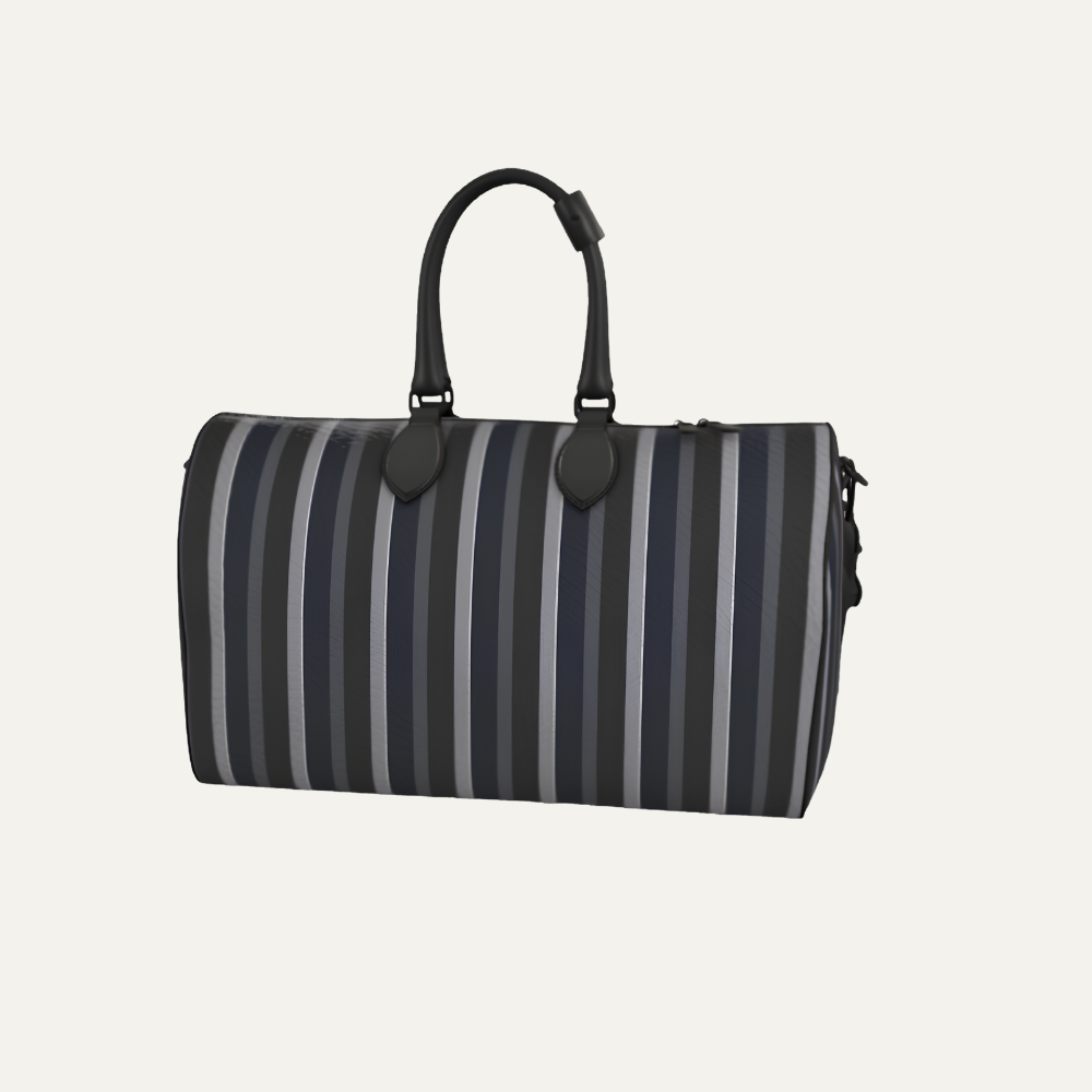 Teddie London bespoke Gunmetal heavy pebble grain textured leather travel duffle bag featuring the asymmetrical Barbican Stripe and polished nickel hardware.