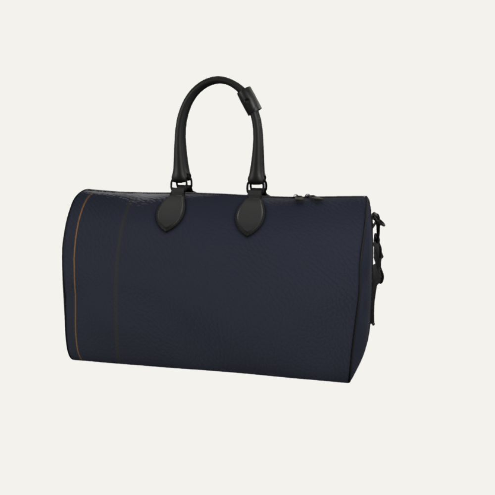 Teddie London bespoke Midnight Navy textured Nappa leather travel duffle bag featuring the asymmetrical Navy Triad stripe and graphite hardware.