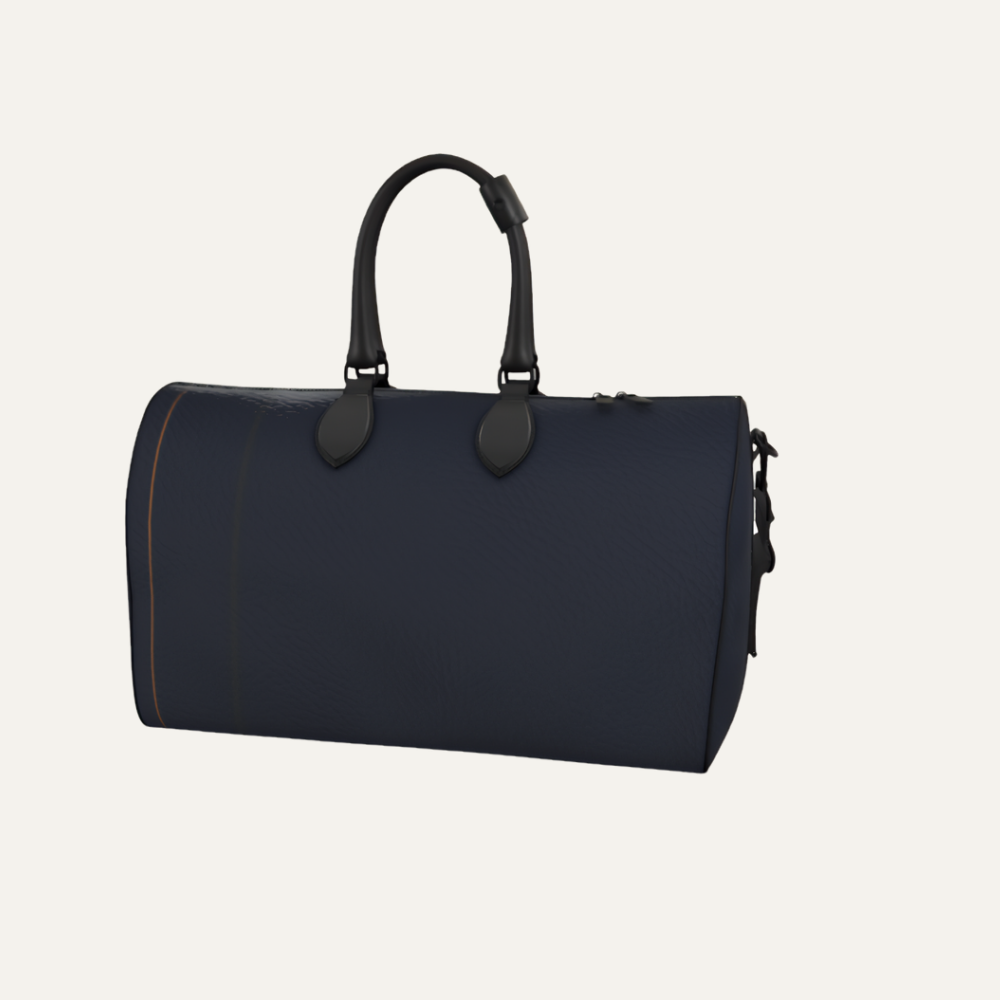 Teddie London bespoke Midnight Navy textured Nappa leather travel duffle bag featuring the asymmetrical Navy Triad stripe and graphite hardware.