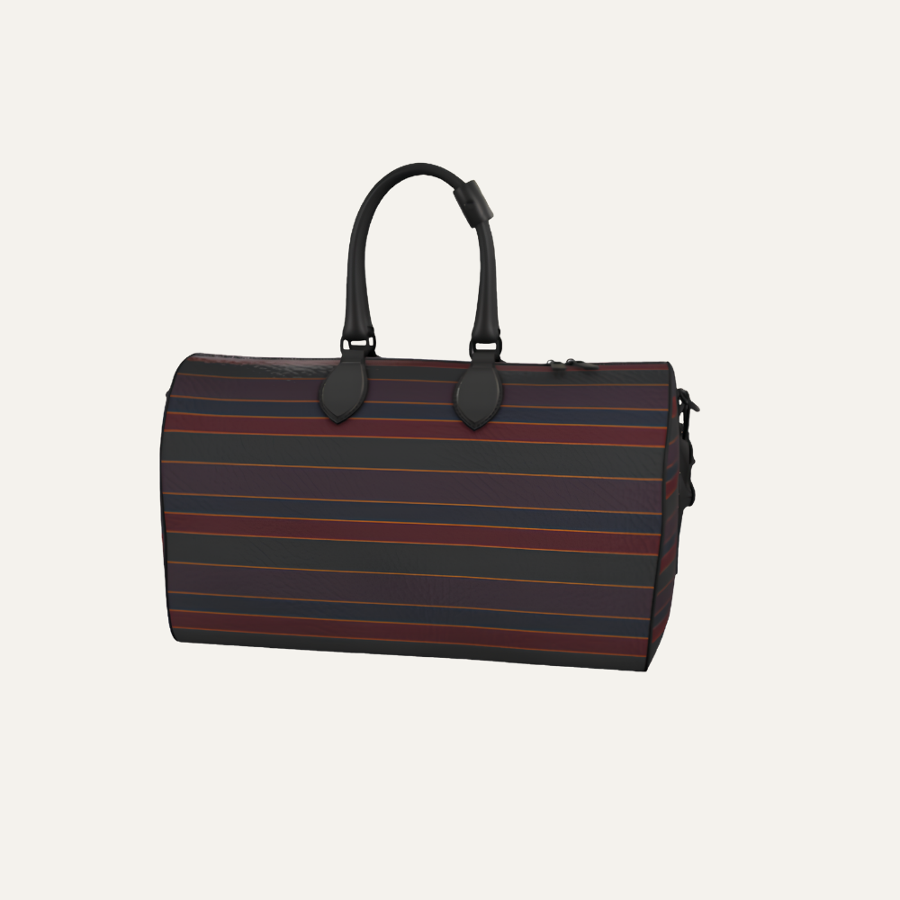 Teddie London bespoke Plum Noir heavy pebble grain textured leather travel duffle bag featuring the asymmetrical Sovereign Ribbon stripe and matte black hardware.