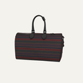 Teddie London bespoke Plum Noir heavy pebble grain textured leather travel duffle bag featuring the asymmetrical Sovereign Ribbon stripe and matte black hardware.