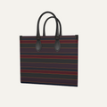 Teddie London bespoke Plum Noir textured Nappa leather shopper bag featuring the asymmetrical vertical Sovereign Ribbon stripe with graphite hardware.