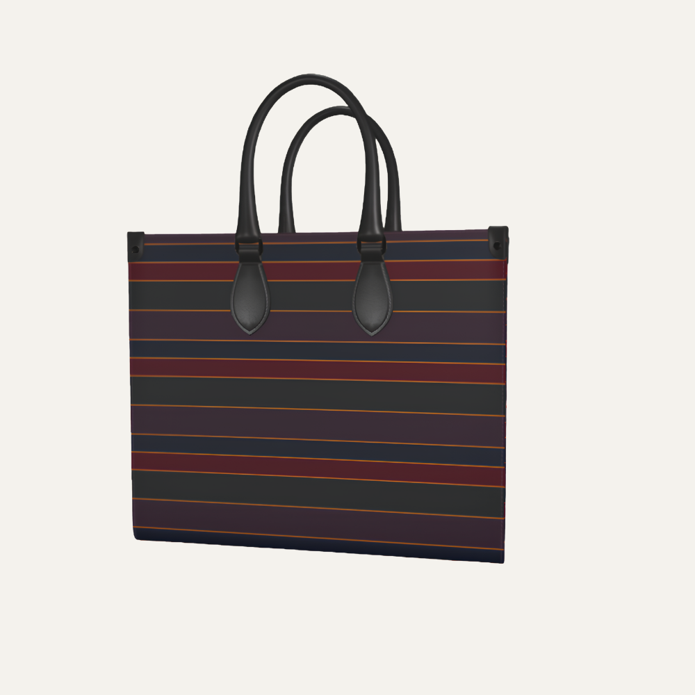 Teddie London bespoke Plum Noir textured Nappa leather shopper bag featuring the asymmetrical vertical Sovereign Ribbon stripe with graphite hardware.