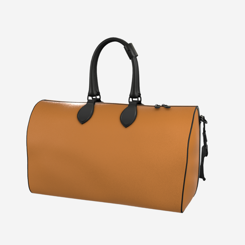 Teddie London bespoke Burnt Saffron textured nappa leather duffle bag featuring architectural graphite hardware and black stitching.