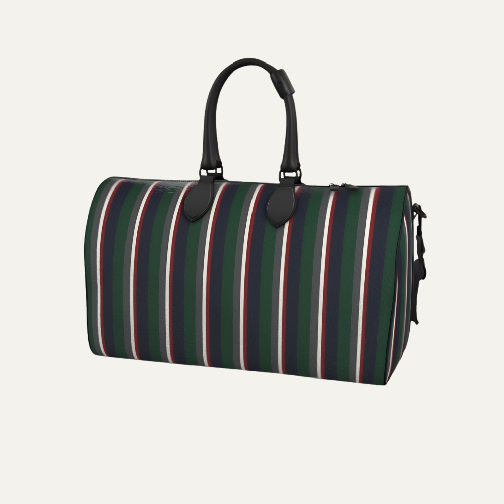 Teddie London bespoke Racing Green heavy pebble grain textured leather travel duffle bag featuring the asymmetrical Heritage Barcode stripe and graphite hardware.