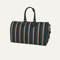 Teddie London bespoke Racing Green heavy pebble grain textured leather travel duffle bag featuring the asymmetrical Heritage Barcode stripe and graphite hardware.