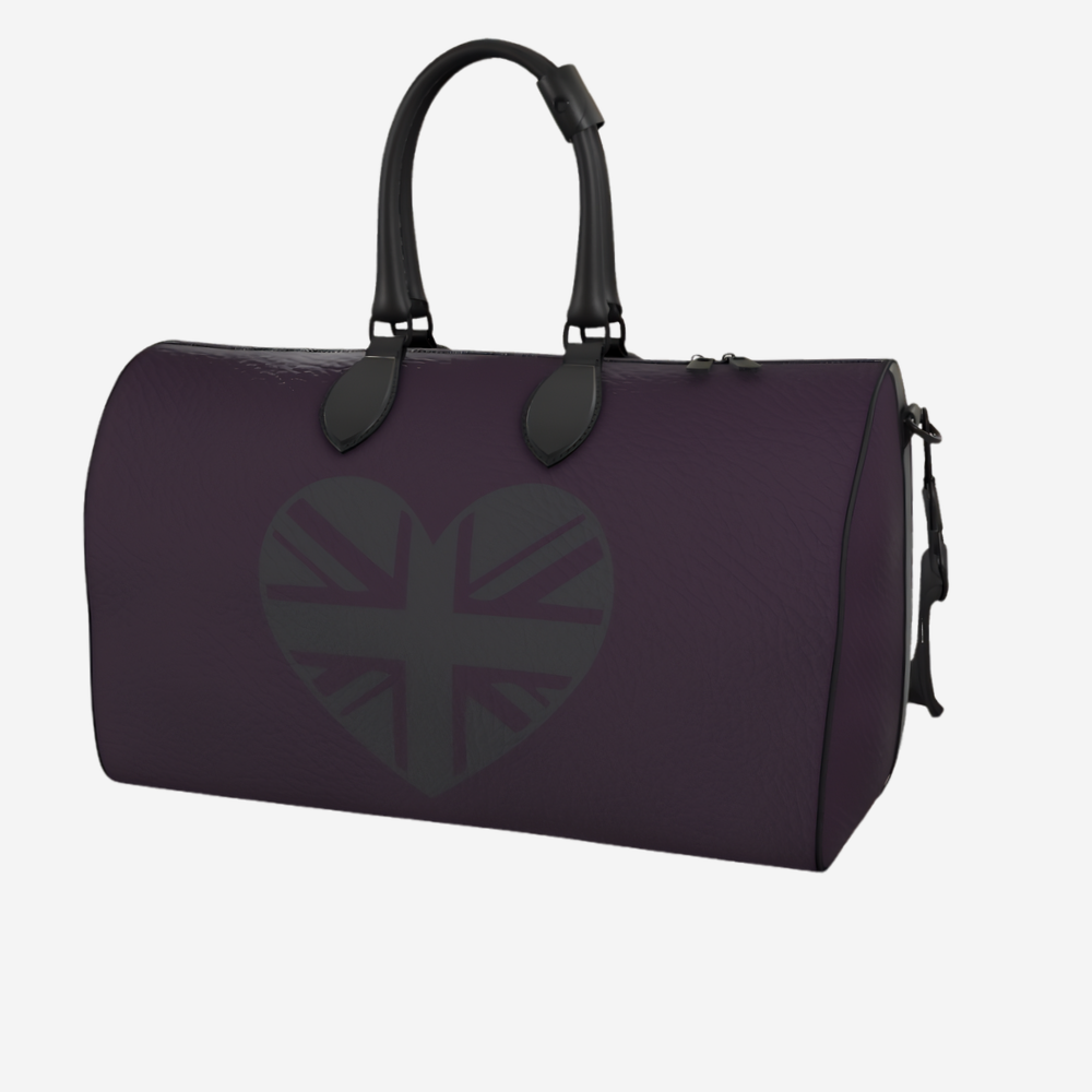 Teddie London bespoke Plum Noir Heritage textured nappa leather duffle bag featuring architectural graphite hardware and covert charcoal stitching.
