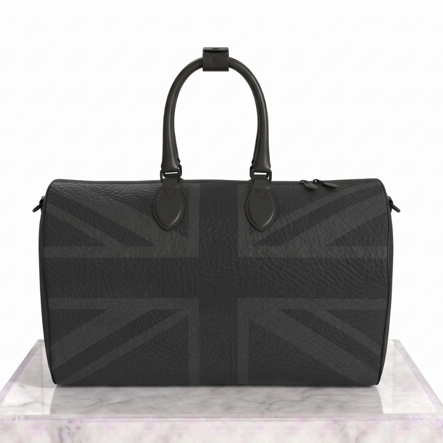 A black pebbled leather duffel bag with a subtle tonal Union Jack pattern, displayed on a white marble pedestal against a white background.